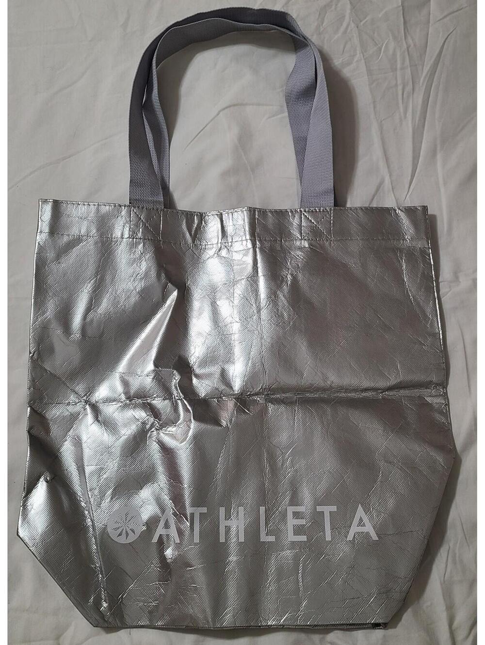 Athleta Metallic Silver Reusable Tote Shopping Bag  17"x14"x6" Travel Organizer